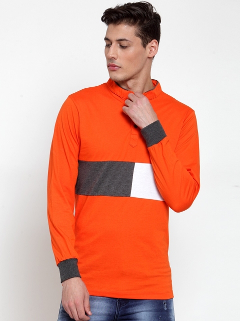 

Kalt Men Orange Colourblocked Mandarin Collar T-shirt
