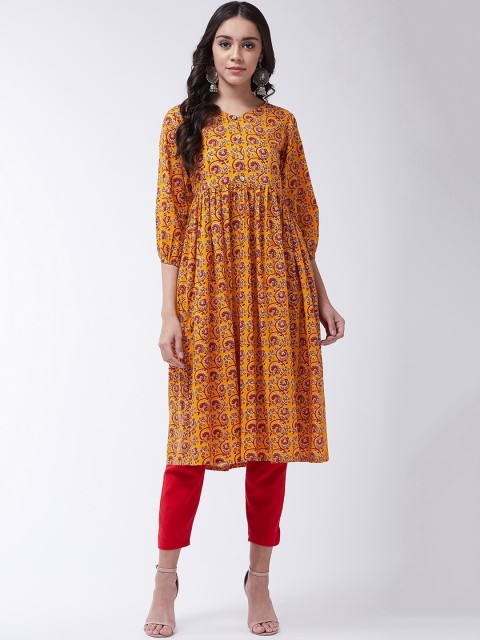 

InWeave Women Mustard Yellow & Red Kalamkari Printed A-Line Kurta