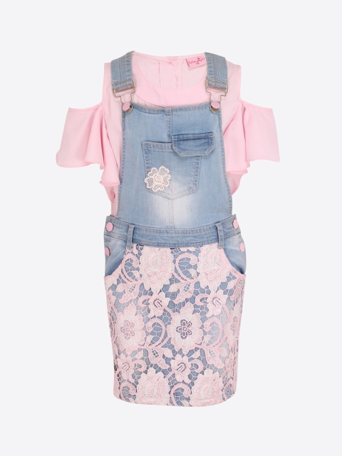 

CUTECUMBER Girls Pink & Blue Floral Lace Pinafore Dress & Top