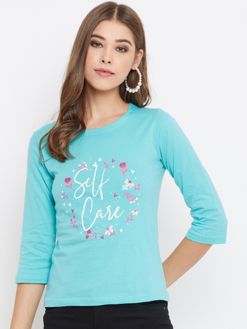 

PURYS Women Turquoise Blue & White Printed Round Neck T-shirt