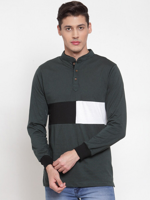 

Kalt Men Green Colourblocked Mandarin Collar T-shirt