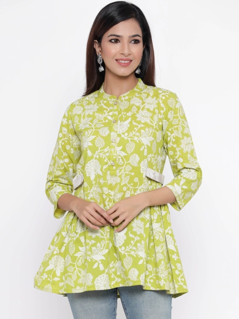 

Silai Bunai Women Green & White Khadi Printed Pure Cotton Straight Kurti