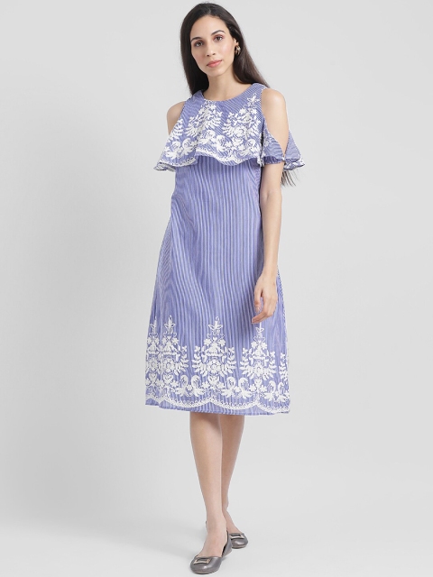 

Zink London Women Blue & White Striped A-Line Dress