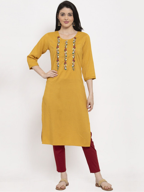 

Clora Creation Women Mustard Embroidered Straight Kurta