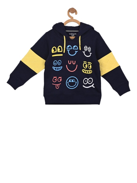 

Stupid Cupid Boys Navy Blue & Yellow Printed Hooded Sweatshirt