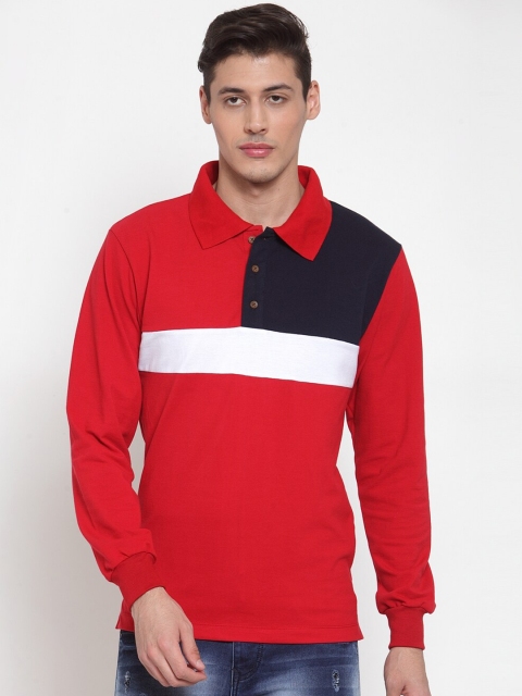 

Kalt Men Red & Navy Blue Colourblocked Polo Collar T-shirt