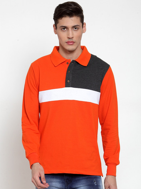

Kalt Men Orange & Charcoal Grey Colourblocked Polo Collar T-shirt