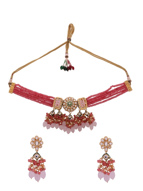 

Shoshaa Gold-Plated Pink & Peach-Colour Kundan-Studded Beaded Jewellery Set