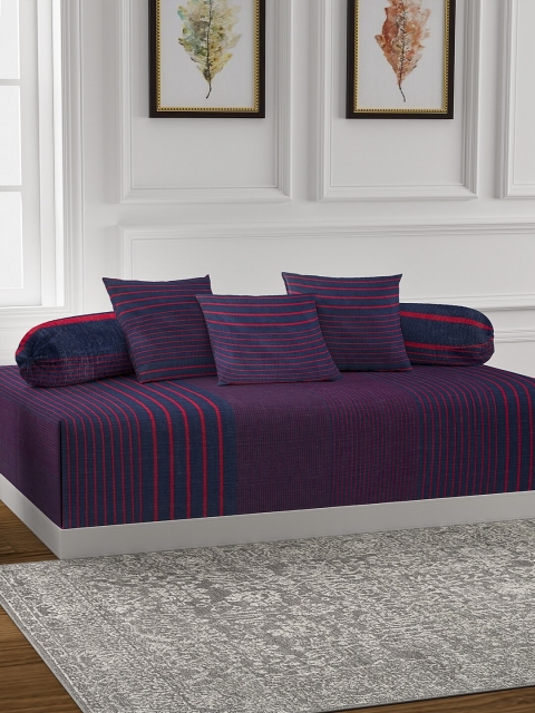 

NEUDIS Set Of 6 Blue & Red Striped Bedsheet With Bolster & Cushion Covers