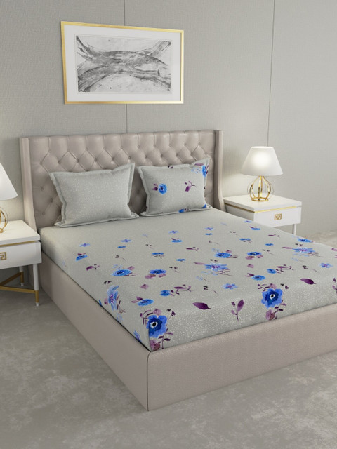 

Raymond Home Grey & Blue Floral 144 TC Cotton 1 King Bedsheet with 2 Pillow Covers