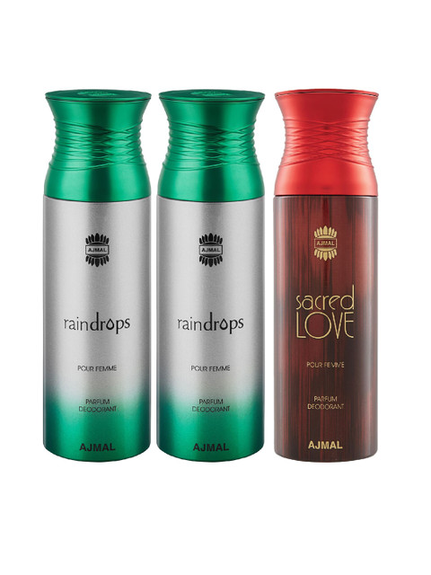 

Ajmal Unisex Pack of 3 - 2 Raindrops & Sacred Love Deodorants 200ML each, Multi