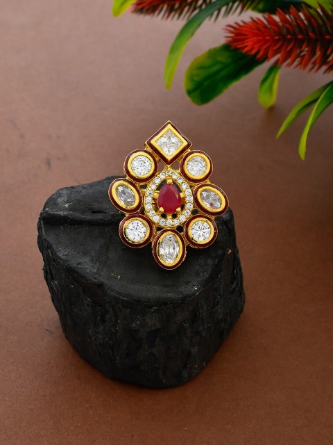 

Silvermerc Designs Gold-Plated Red & White Kundan-Studded Adjustable Designer Finger Ring