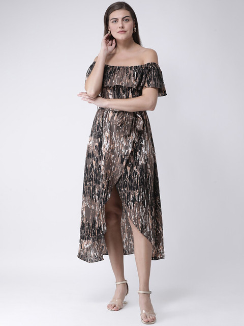 

Aayna Women Brown & Black Off-Shoulder A-Line Dress