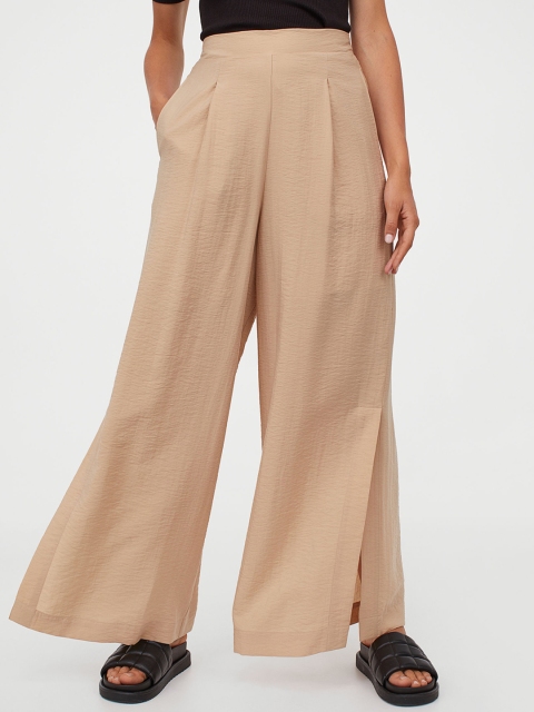 

H&M Women Beige Wide Side-Slit Trousers
