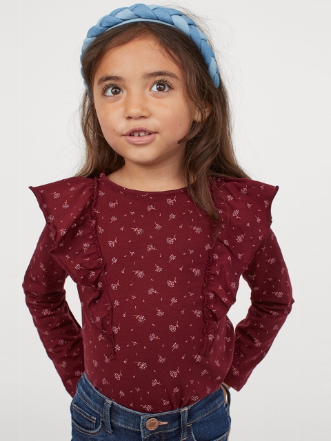 

H&M Girls Maroon Floral Print Flounce-trimmed Jersey Top
