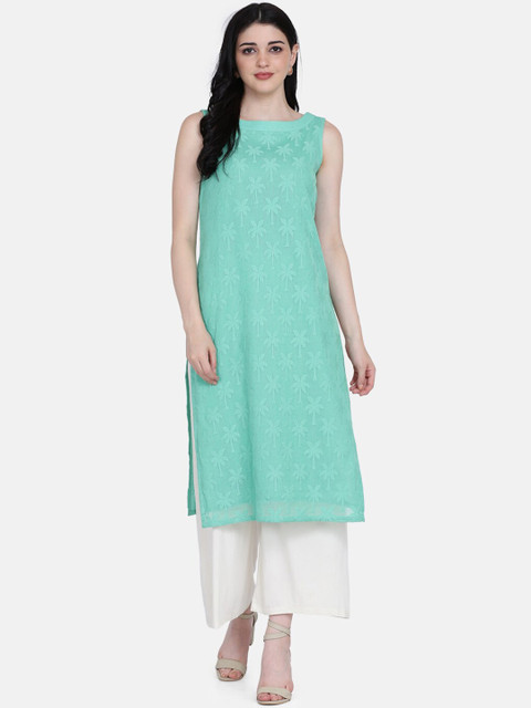 

Ojjasvi Women Sea Green Woven Design Straight Kurta