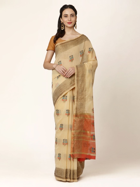 

KALINI Cream-Coloured & Orange Silk Blend Woven Design Saree