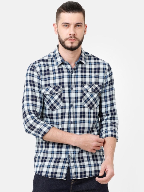 Voi Jeans Men Navy Blue & White Slim Fit Checked Casual Shirt