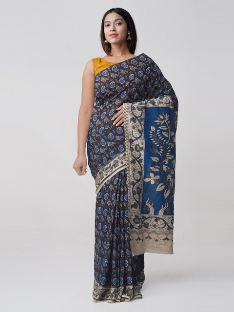 

Unnati Silks Black & Blue Pure Kalamkari Cotton Saree