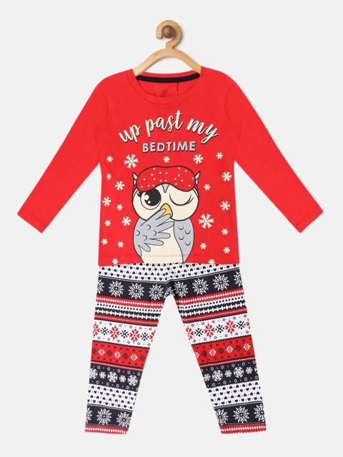 

Lazy Shark Girls Red & Navy Blue Printed Night Suit