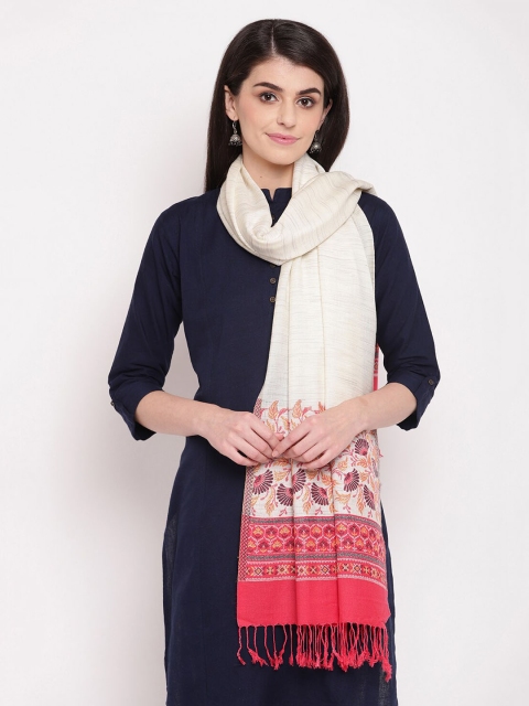 

HK colours of fashion Women White & Red Woven Design Stole with Tasselled Border