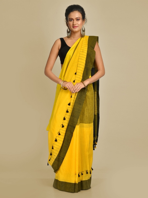 

Mitera Yellow & Black Cotton Blend Colourblocked Handloom Saree