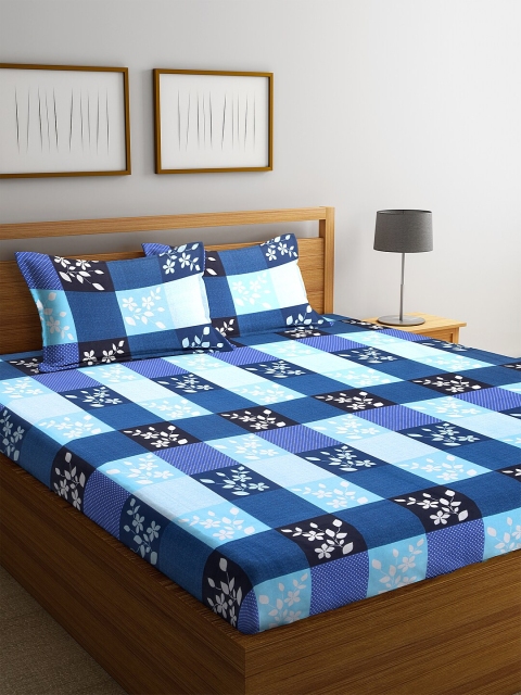 

KLOTTHE Blue Floral 210 TC Cotton 1 King Bedsheet with 2 Pillow Covers