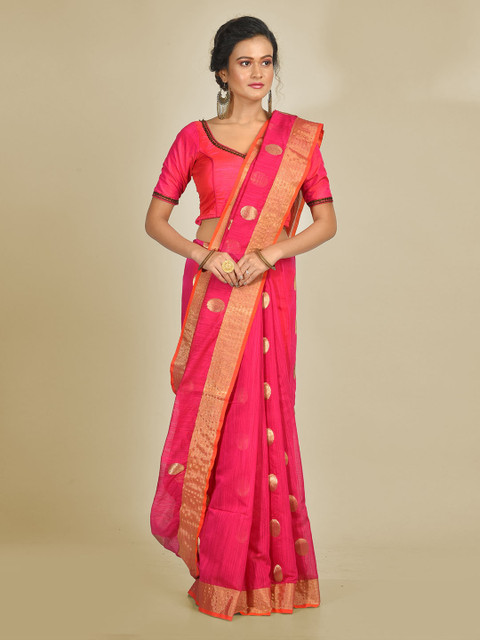 

Mitera Pink & Gold-Toned Cotton Blend Woven Design Handloom Saree