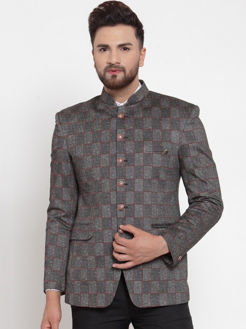 

MAXENCE Men Grey & Red Checked Slim-Fit Bandhgala Formal Blazer