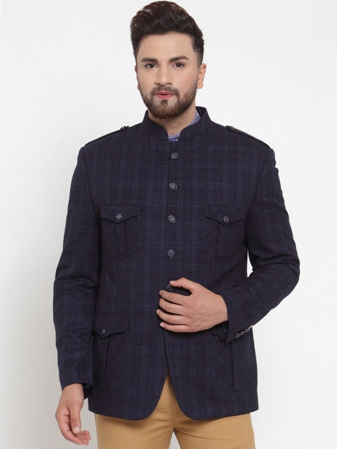 

MAXENCE Men Navy Blue Checked Slim-Fit Bandhgala Ethnic Blazer