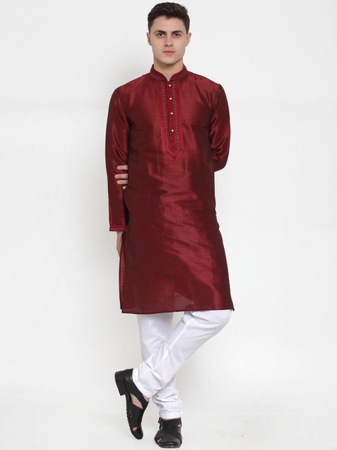 

MAXENCE Men Maroon & White Solid Kurta with Pyjamas