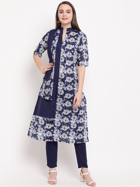 

Vastrachowk Women Navy Blue & White Printed Layered Kurta with Trousers