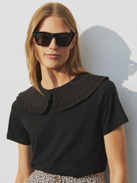 

H&M Women Black Solid Collar-detail T-shirt