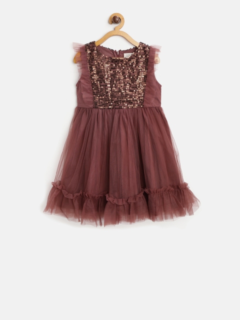 

Cherry Crumble Girls Brown Self Design Sequence Fit and Flare Dress