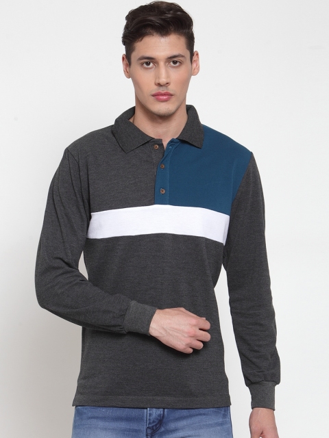 

Kalt Men Charcoal Grey & Teal Blue Colourblocked Polo Collar T-shirt