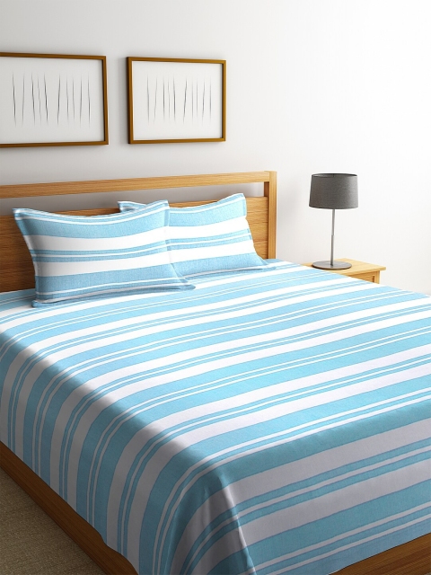 

KLOTTHE Blue & White Striped Double Bed Cover With 2 Pillow Covers