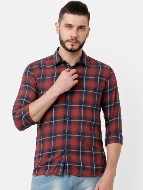 

Voi Jeans Men Rust & Navy Blue Slim Fit Checked Casual Shirt