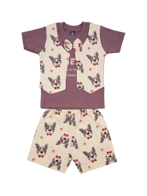 

Jb Club Boys Beige & Mauve Printed T-shirt with Shorts & Waistcoat