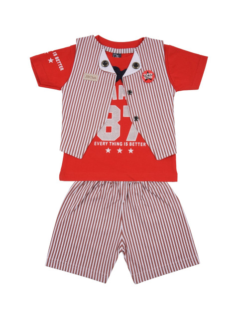 

Jb Club Infant Boys Red & White Printed T-shirt & Waist Coat with Shorts Set