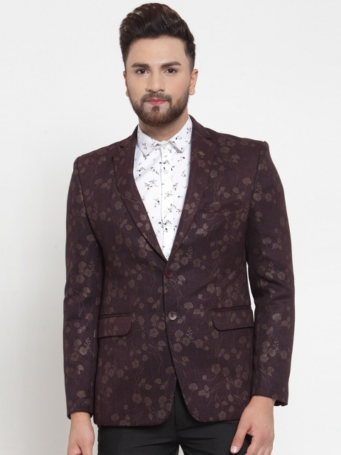 MAXENCE Men Burgundy Printed Slim-Fit Single-Breasted Party Blazer