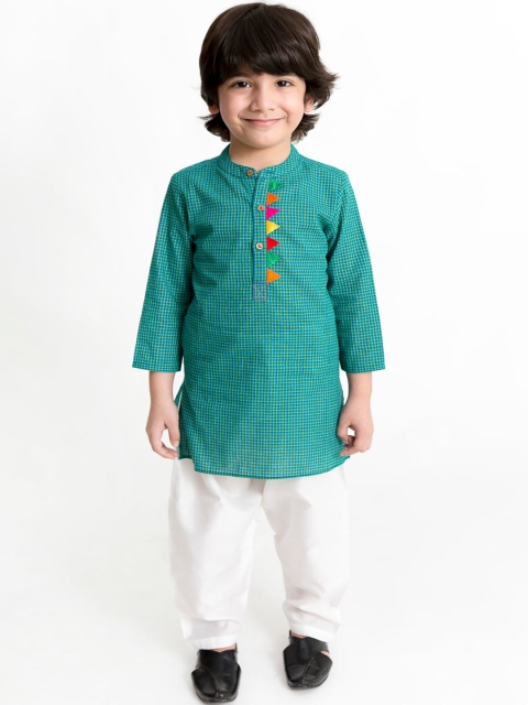 

Lil Peacock Boys Teal Green & White Printed Kurta with Pyjamas