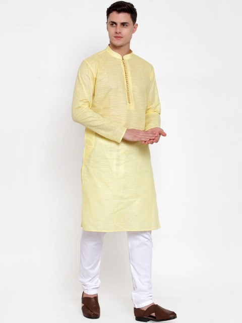 

MAXENCE Men Yellow & White Solid Kurta with Pyjamas