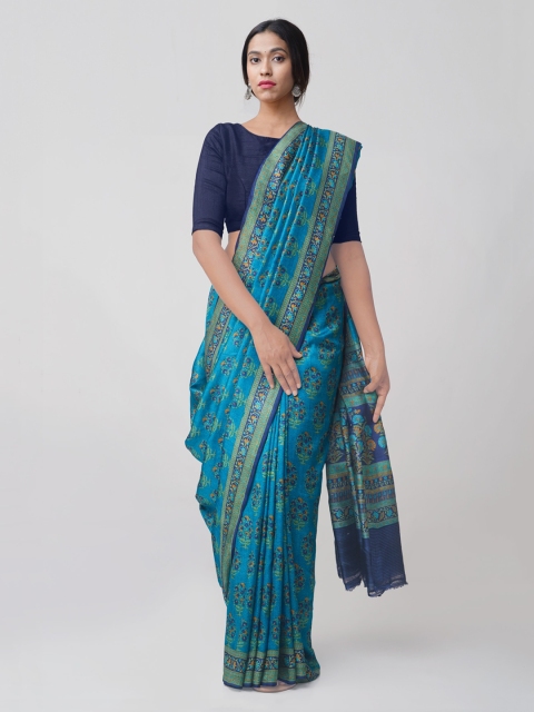 

Unnati Silks Blue Pure Silk Printed Handloom Tussar Saree