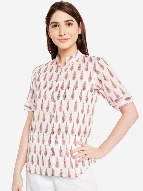 

Desi Weavess Women Off-White & Pink Floral Print Casual Shirt