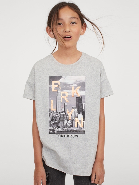 

H&M Girls Grey Melange Printed Oversized T-shirt