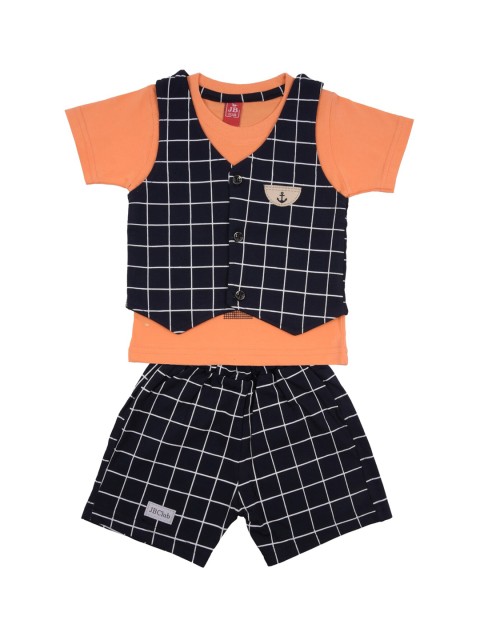 

Jb Club Boys Orange & Black Checked T-shirt With Shorts & Waistcoat