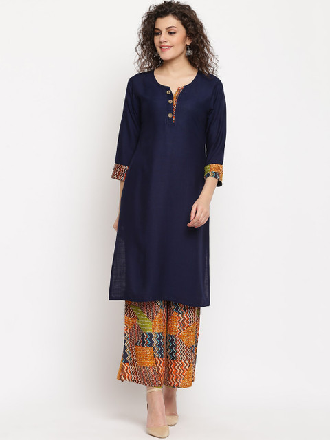 

Vastrachowk Women Navy Blue & Yellow Solid Kurta with Palazzos