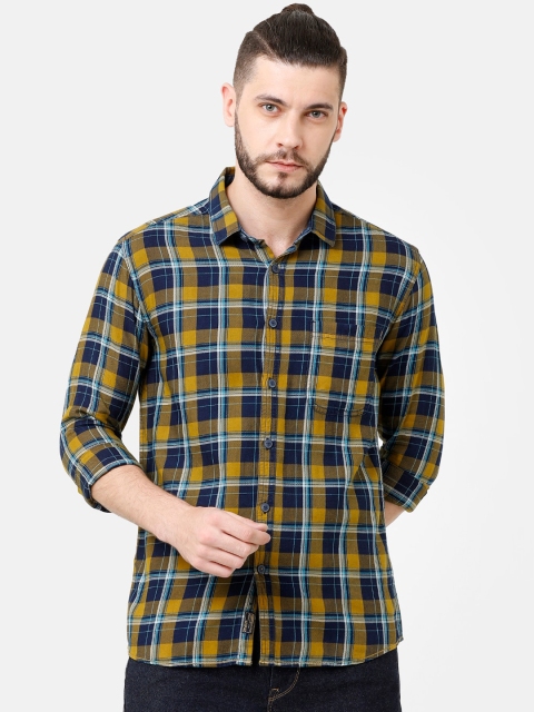 

Voi Jeans Men Yellow & Navy Blue Slim Fit Checked Casual Shirt