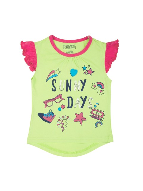 

Cherokee Girls Green Printed Ruffle Sleeve Pure Cotton Top