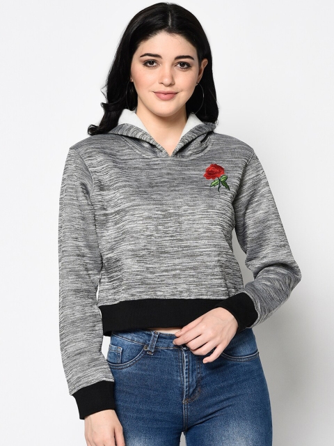 

ELEGANCE Women Grey & Black Embroidered Crop Hooded Sweatshirt